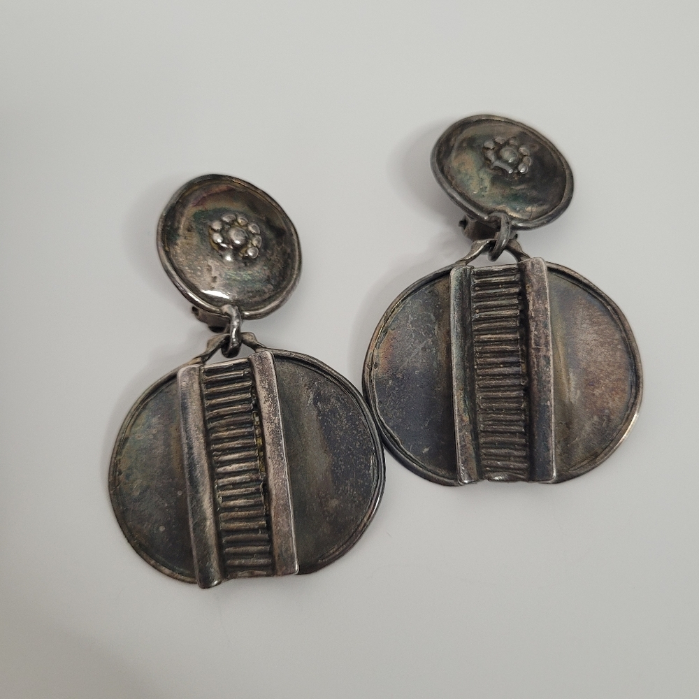 Vintage large tribal clip on dangle earrings